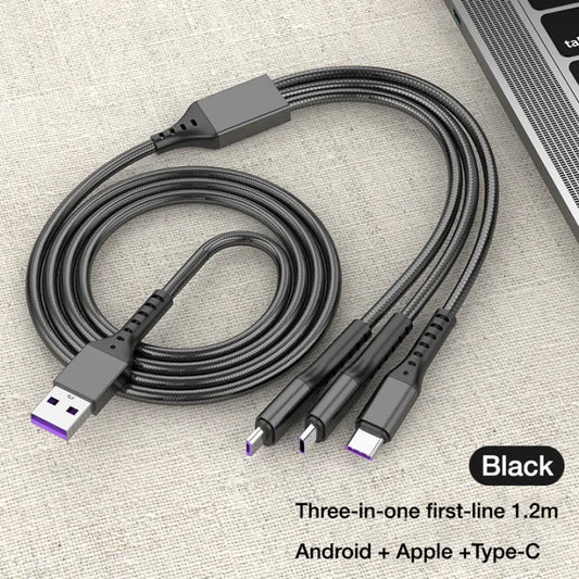 3 in 1 120W Type C Micro USB iOS Data Cable Fast Charging Liquid Silicon Universal for All Smartphones 1.2m